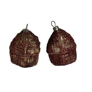 Vtg Pair Handblown Glass Christmas House Scene Chimney Holiday Ornament Glittery